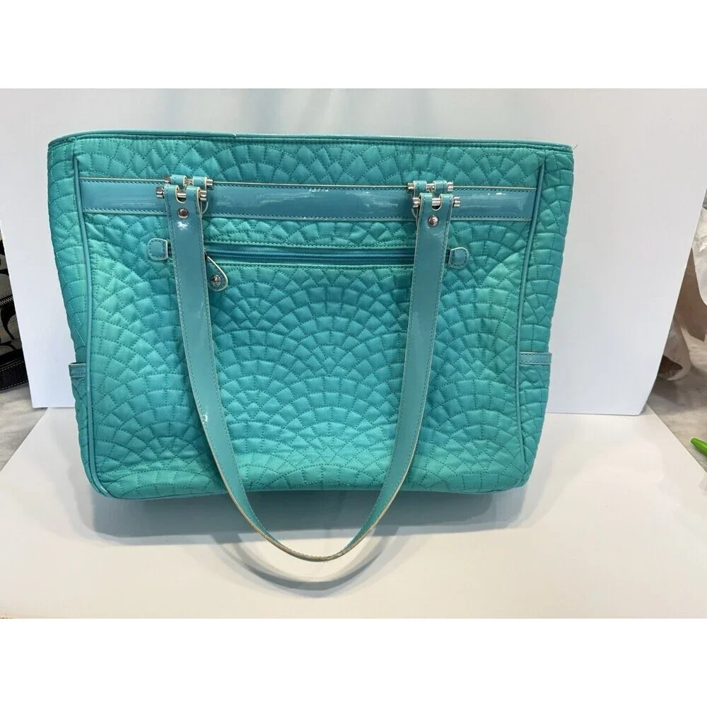 Vera Bradley Vera Tote Forever Green Teal Checkered Quilted Laptop Bistro Large